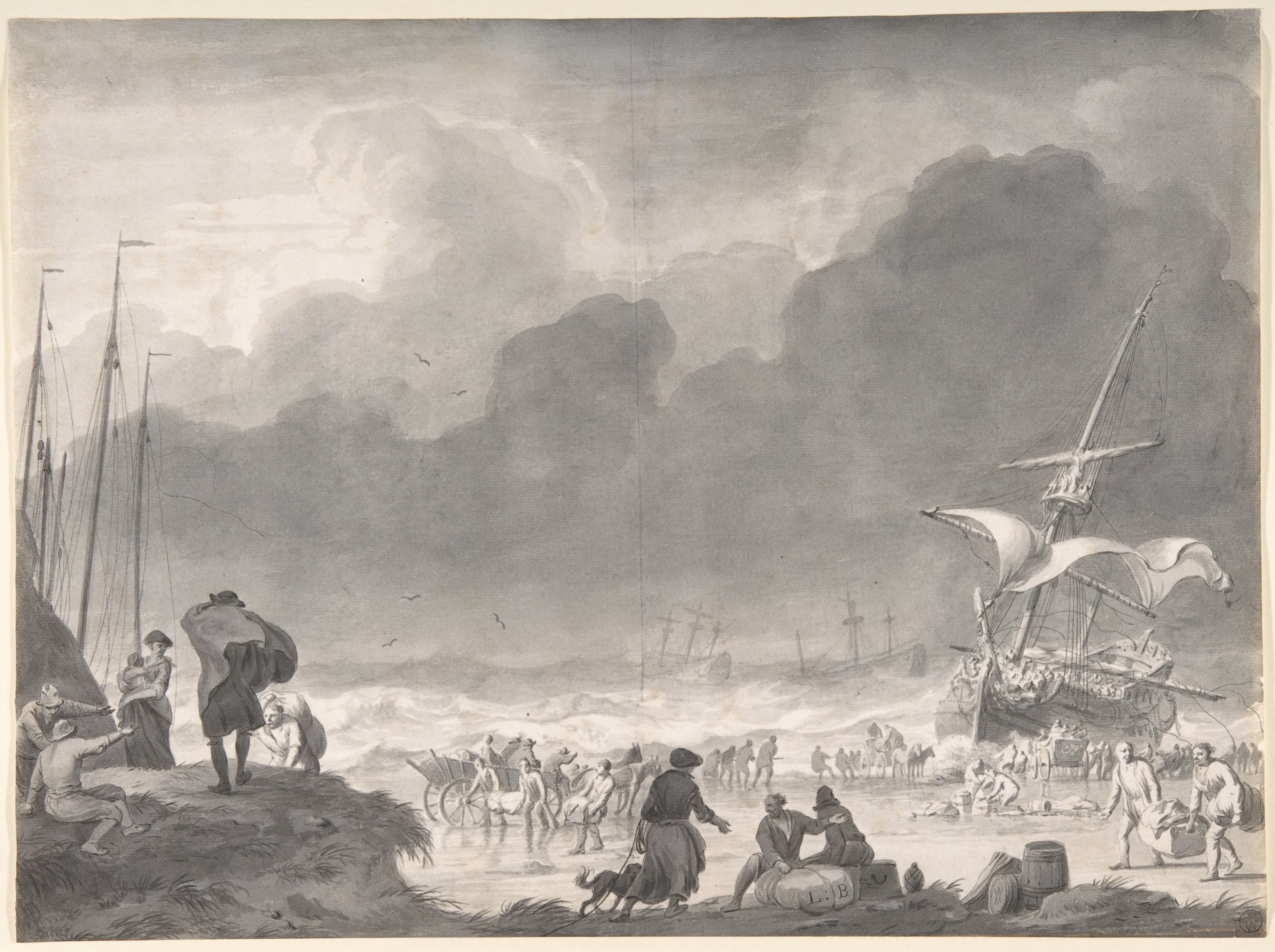 A Ship Wrecked on a Shore on a Stormy Night — Ludolf Backhuysen
